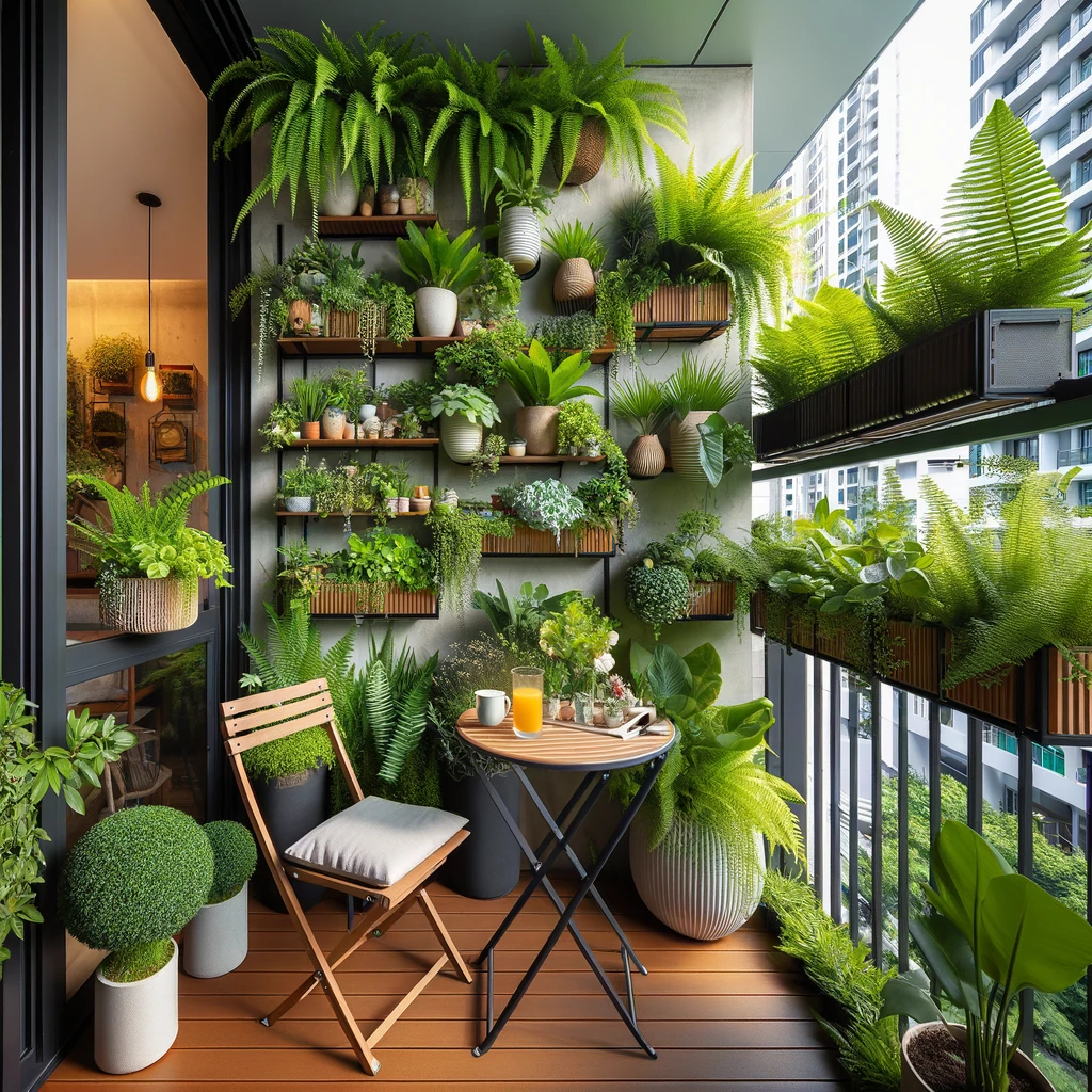 DALL·E 2024 05 11 16.13.15 A small balcony transformed into a lush garden space in an urban setting. The balcony features a vertical garden with a variety of plants including fe