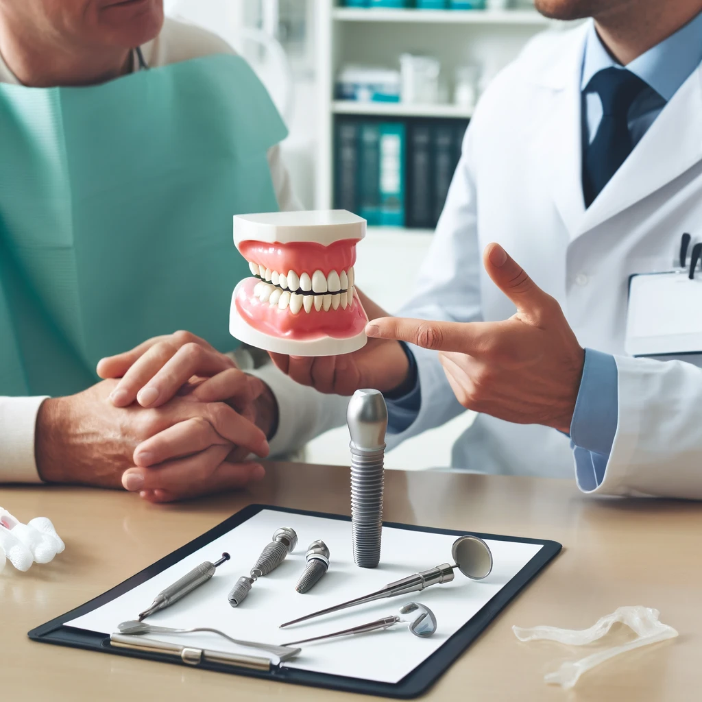 DALL·E 2024 05 22 16.43.43 A dentist explaining the dental implant procedure to a patient with a dental model and implant components visible on the table in a modern dental cli