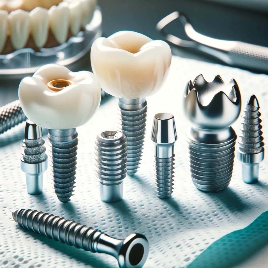 DALL·E 2024 05 22 16.43.46 A close up of dental implant components including the implant screw abutment and crown arranged neatly on a sterile surface in a dental clinic