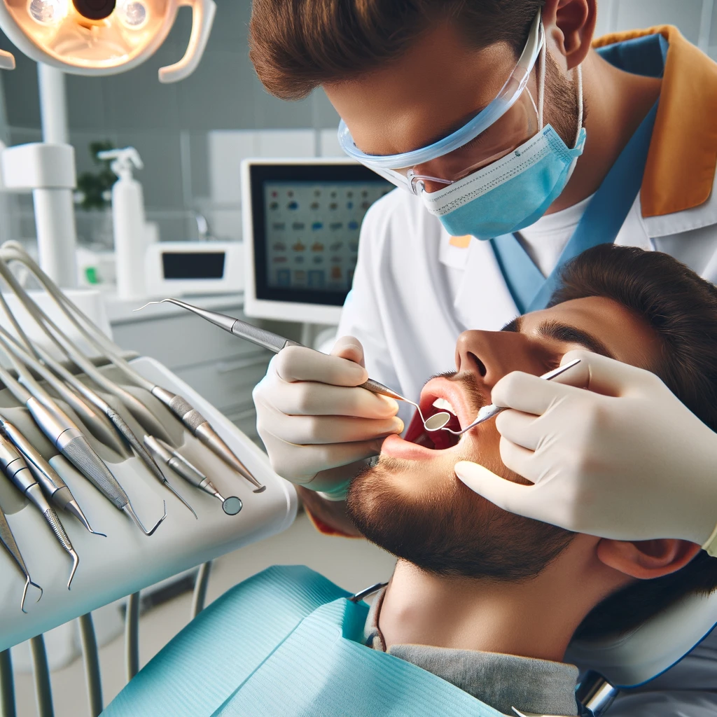 DALL·E 2024 05 22 16.43.49 A dentist performing a dental procedure on a patient in a modern dental clinic with dental tools and equipment visible in the background