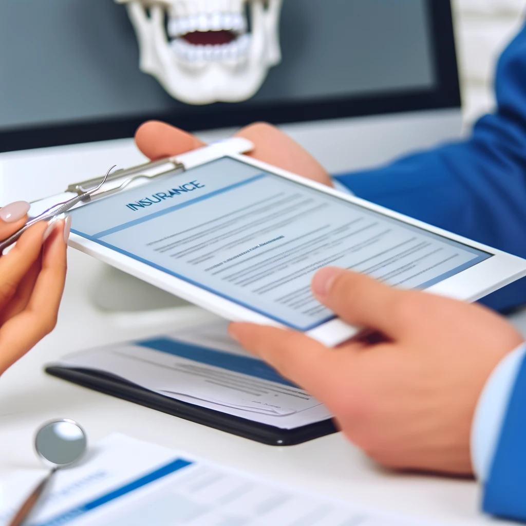 DALL·E 2024 05 22 16.43.56 A close up of a dentist explaining dental insurance terms to a patient with documents and a tablet showing insurance details in the background