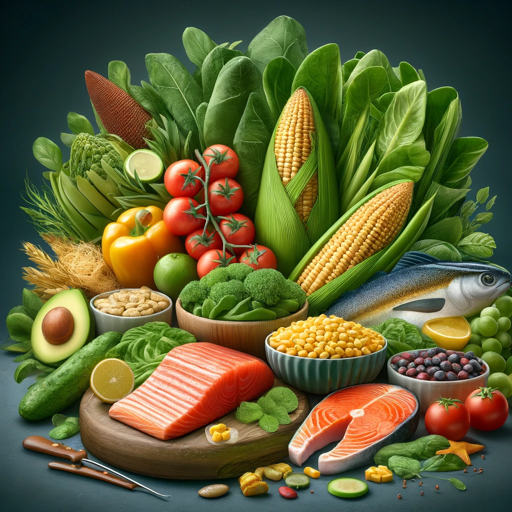 DALL·E 2024 05 24 14.35.19 A realistic and detailed image of healthy foods rich in lutein zeaxanthin and astaxanthin such as leafy greens corn salmon and seafood arranged