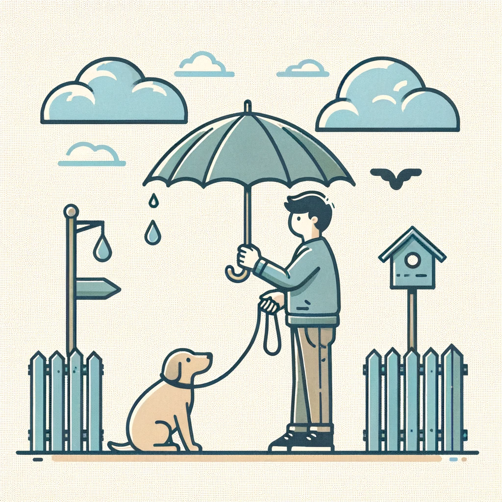 DALL·E 2024 05 29 15.25.18 A person holding an umbrella while their dog is walking nearby depicting everyday life scenarios