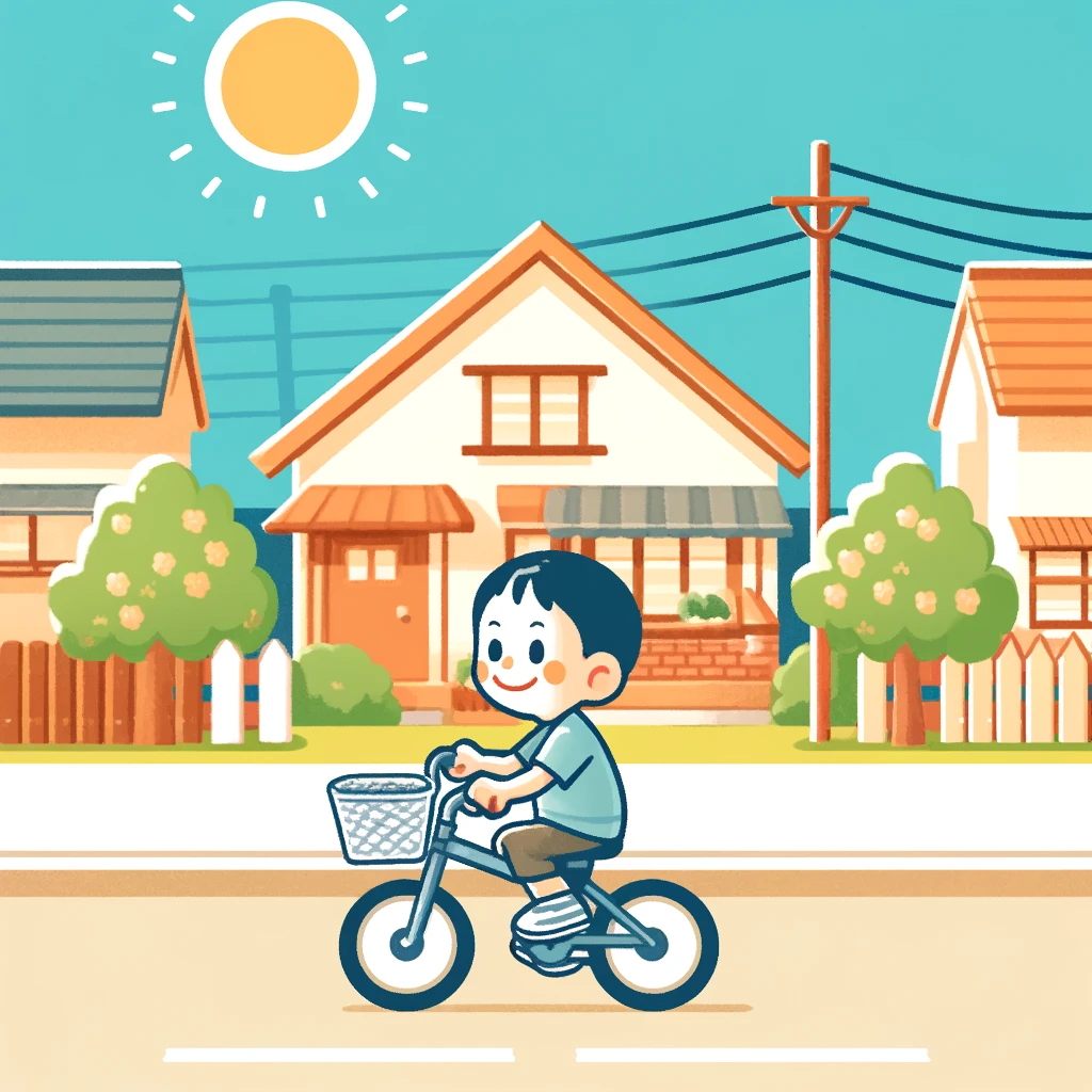 DALL·E 2024 05 29 15.25.20 A child riding a bicycle in a neighborhood representing daily activities that could involve insurance