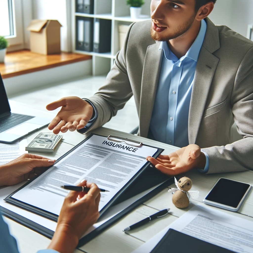 DALL·E 2024 05 29 15.25.24 A person talking to an insurance agent discussing policy details and coverage options