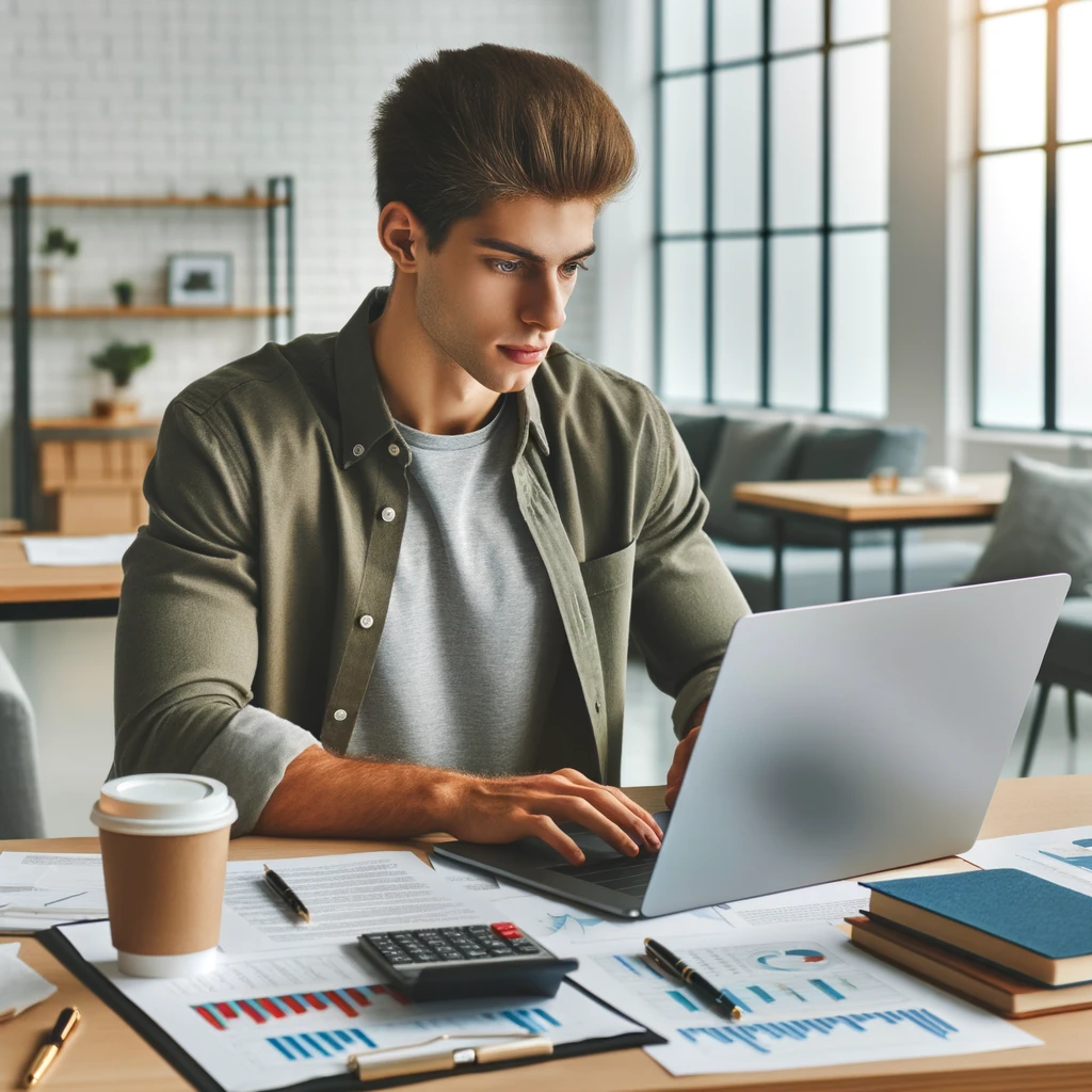 DALL·E 2024 06 04 17.04.48 A young professional working on a laptop in a modern bright office setting with financial documents and a coffee cup on the desk representing finan