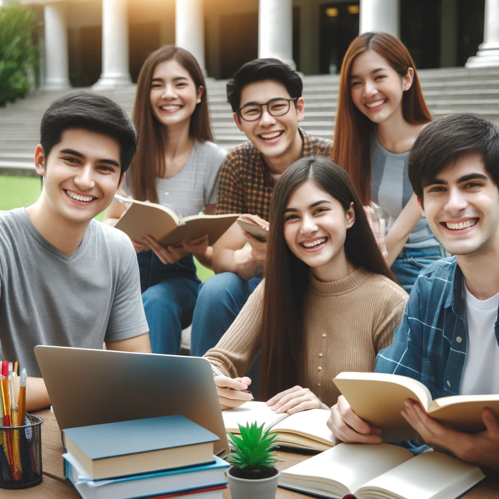 DALL·E 2024 06 04 17.04.50 A group of college students happily discussing and studying together in a campus environment with books and laptops representing financial support f