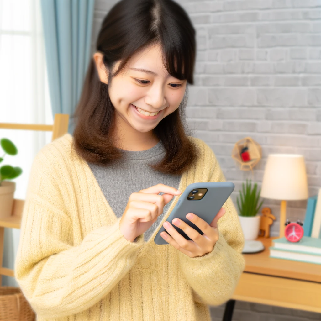 DALL·E 2024 06 04 17.04.54 A cheerful scene of a young person checking their smartphone for financial updates and notifications with a background showing a cozy home office re