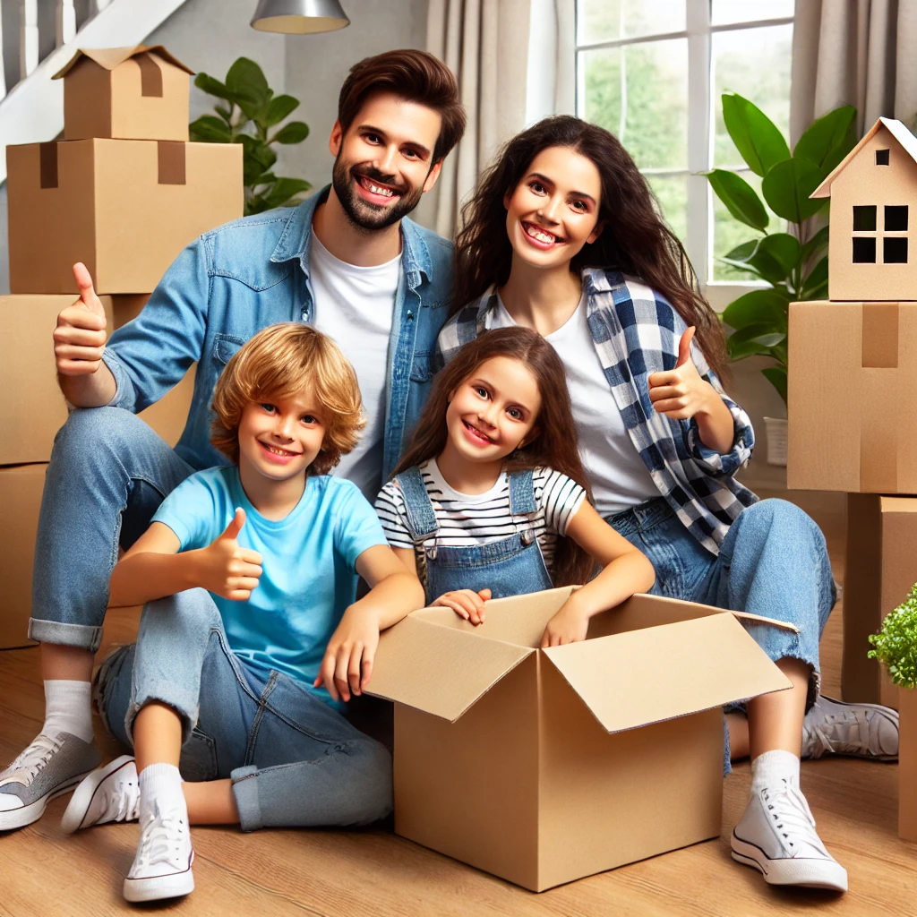 DALL·E 2024 06 22 15.27.42 A family happily moving into their new home with boxes and furniture smiling and