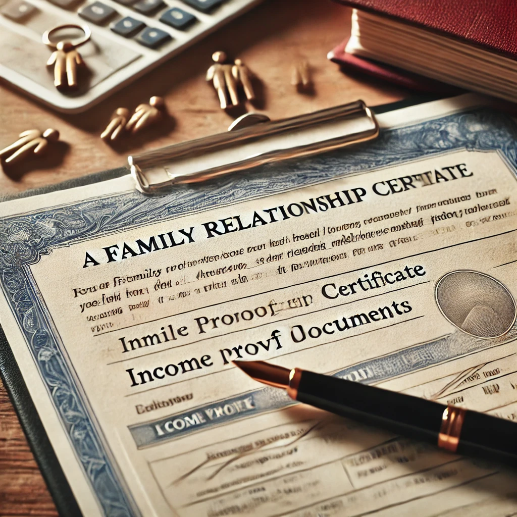 DALL·E 2024 06 22 15.27.45 A close up of important documents and a pen on a desk including a family relationship certificate and income proof documents